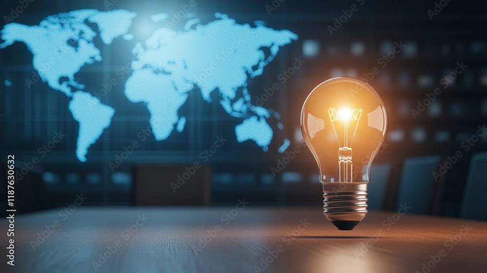 Aufkleber illuminated light bulb on table with world map in background