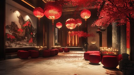Serene Red Lantern Lit Asian Inspired Interior Space