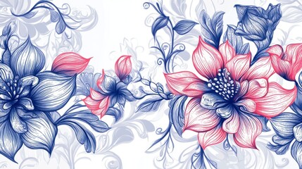 A floral spring pattern with abstract pink blossoms, leaves, and vector art for seamless background design