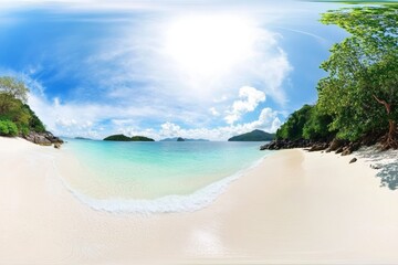 Fototapeta premium Serene tropical beach with clear waters and vibrant sky on a bright sunny day