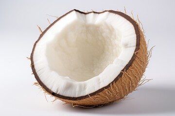 Fresh coconut half showing white flesh and brown shell on plain background