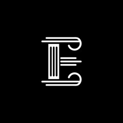 The E logo is made with thin lines combined with the law logo.