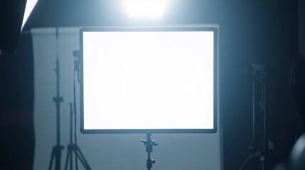 A blank screen on a wall in an empty room, like a framed display in a gallery interior