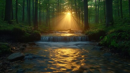 Fototapeta premium Sunbeams illuminate a tranquil forest stream cascading over mossy rocks.