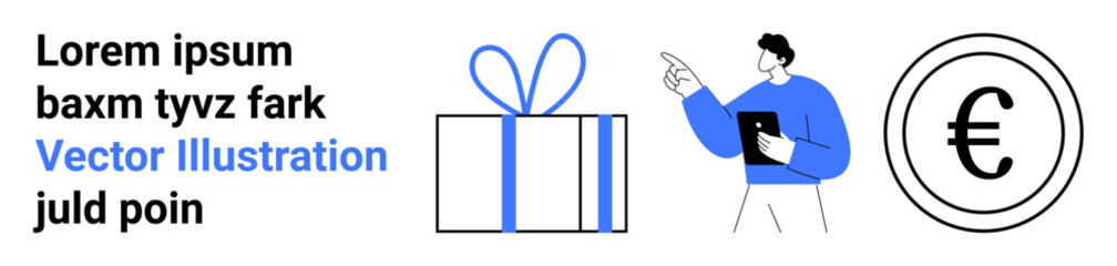 Presenter with tablet pointing at Euro symbol, alongside large gift box and placeholder text. Ideal for financial consulting, e-commerce, presentations, retail promotion, online advertising, economic