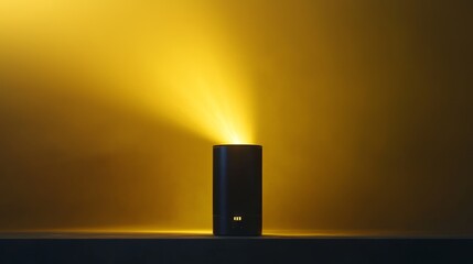 Smart black speaker with yellow beam light on dark background