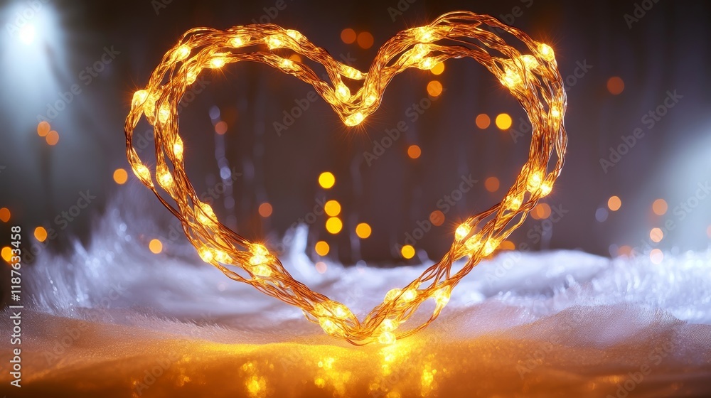 Poster heart-shaped string lights glowing in a festive setting