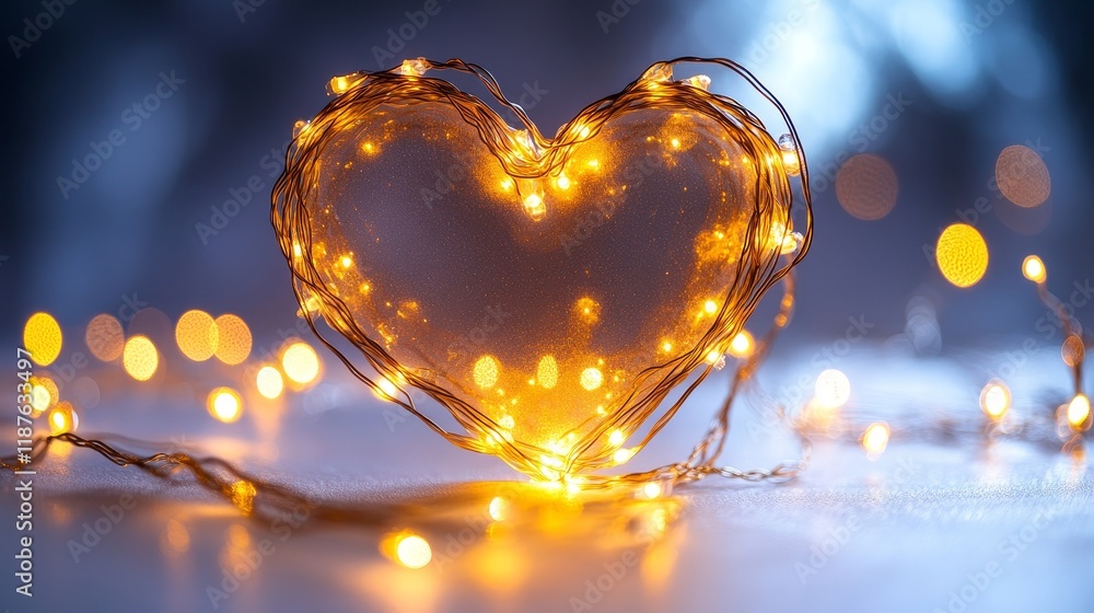 Poster illuminated heart-shaped string lights glowing in a dark setting