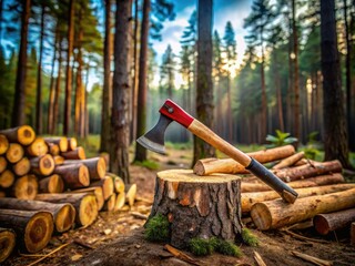 Lumberjack Axe and Logs in Forest - Detailed Photorealistic AI Art