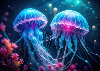 Obraz premium Luminescent Jellyfish Macro Photography - Blue Pink Glow