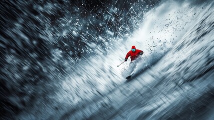 During winter, a man in a red jacket rides his snowboard on a ski slope, spraying snow powder, highlighting the concept of sport, powder, extreme, speed, splash, and resort