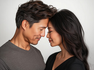 Obraz premium Portraits of mid 50s couple in love. Putting their head together.