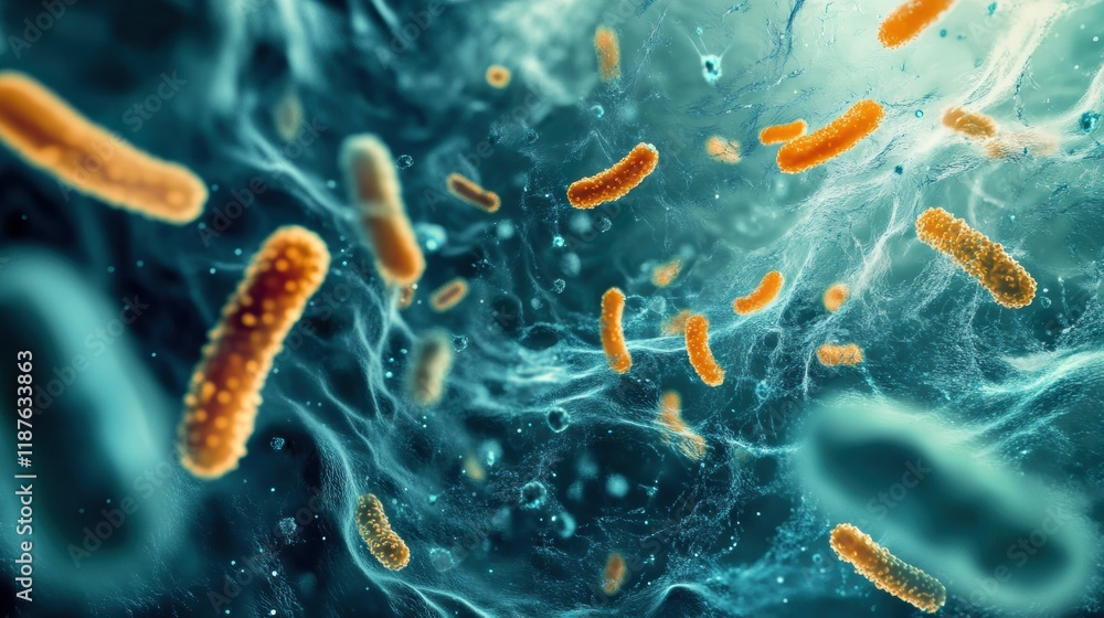 Poster swirling movement of bacteria and microbes in a vibrant liquid environment showcasing microbial acti