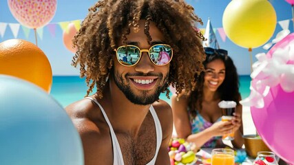 Celebrating a joyful beach party with friends enjoying colorful decorations and refreshing drinks on a sunny day