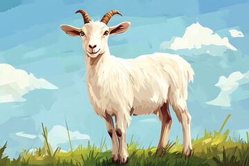 Obraz premium A cheerful white goat standing in a grassy field under a blue sky with fluffy clouds.