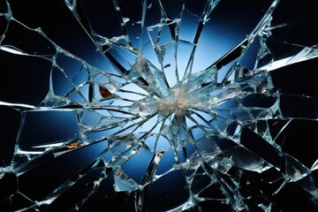 Shattered glass with intricate patterns illuminated by blue background
