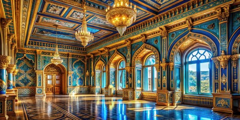 Obraz premium Luxurious Blue and Gold Palace Interior, Royal Ambiance, Copy Space