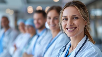 A group of medical professionals smiling while standing together in a hospital corridor, showcasing teamwork and a positive healthcare environment