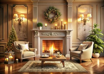 Luxurious Fireplace, Minimalist Living Room, AI Photo