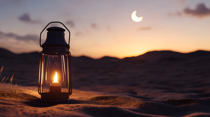 Traditional lantern glowing at sunset in a tranquil desert landscape, symbolizing Eid Al-Fitr.	