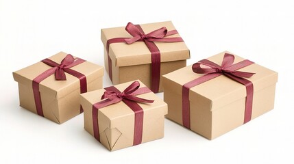 Obraz premium Gift Boxes with Red Ribbons in Eco-Friendly Paper Isolated
