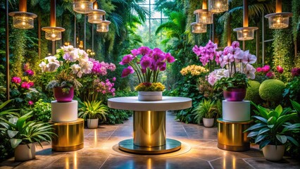 Fototapeta premium Luxurious Orchid Display, Indoor Photography, Pedestal