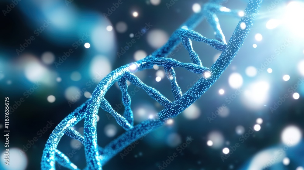 Poster a visually captivating representation of a dna strand illuminated in blue, surrounded by shimmering 