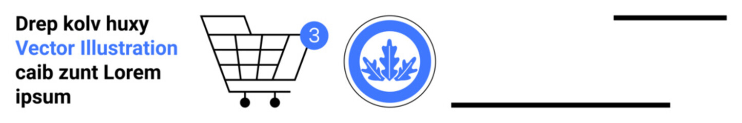 Shopping cart with a notification badge, blue emblem with leaf design, placeholder text, and black lines. Ideal for e-commerce, notifications, badges, UI design, graphic design, placeholders