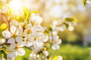 Blossoming white flowers bask in sunlight during a serene spring morning in a vibrant garden setting