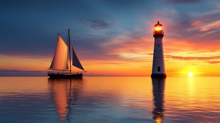 Illuminated Lighthouse Leading Ship to Serene Radiant Shore