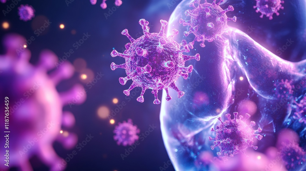 Poster a vibrant depiction of a virus, illustrating its structure and interaction with cells in a microscop