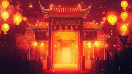 Illuminated Chinese Gate At Night With Lanterns