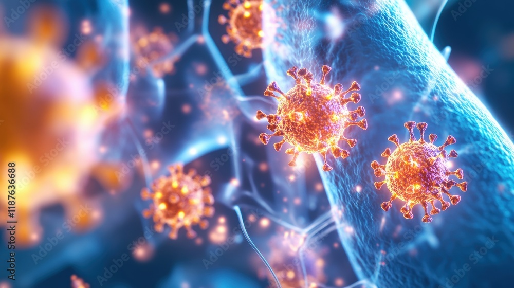 Poster a vivid depiction of colorful viruses interacting with cells, showcasing intricate details of viral 
