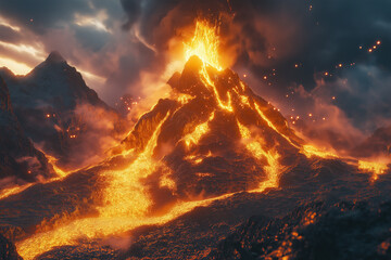 The volcano is erupting with sparks of hot larvae flowing down, the temperature of the maximum level of heat. Digital illustrations.

