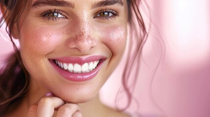 Close-up portrait of a smiling woman with sparkling eyes and freckles, showcasing natural beauty and radiant confidence against a soft pink background
