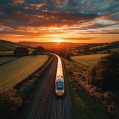 Scenic Train Journey at Sunset Over Tranquil Landscape