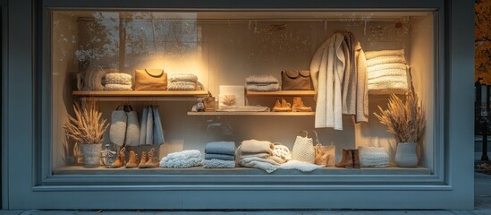 Warm-toned autumn fashion display in a shop window featuring sweaters, coats, bags, and shoes.