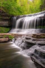 Obraz premium Majestic cascading waterfall surrounded by vibrant green foliage in a tranquil forest setting