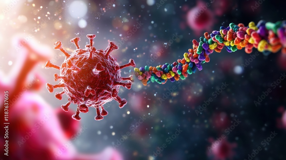 Poster a vibrant depiction of a virus particle connected to a strand of colorful dna, illustrating the intr
