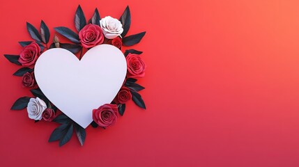 Heart Shaped Frame Surrounded by Roses on a Vibrant Red Background