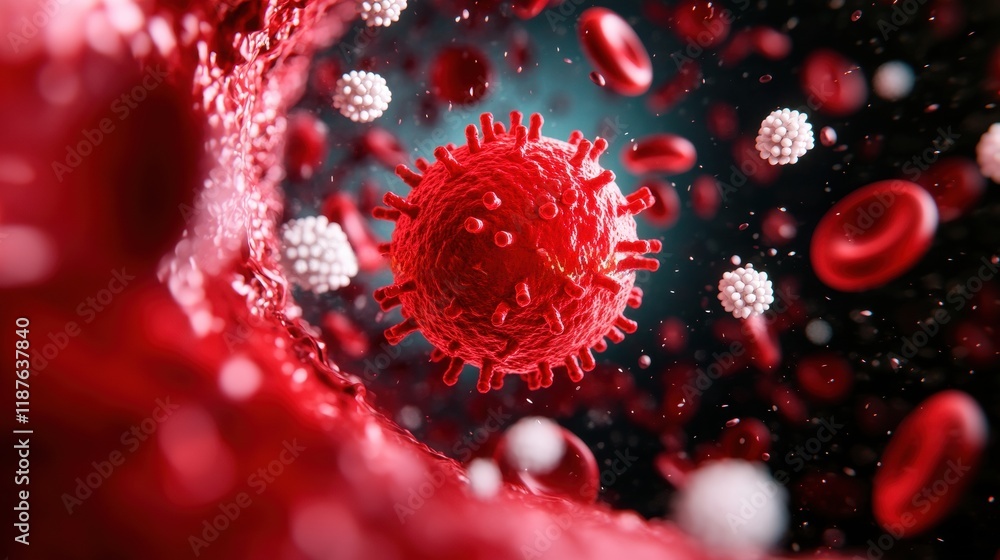 Poster a vivid microscopic view of a virus surrounded by red blood cells, illustrating the intricate and dy