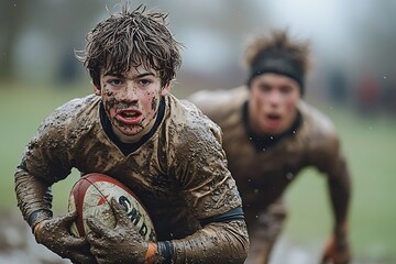Mud Covered Rugby Player Running With Ball