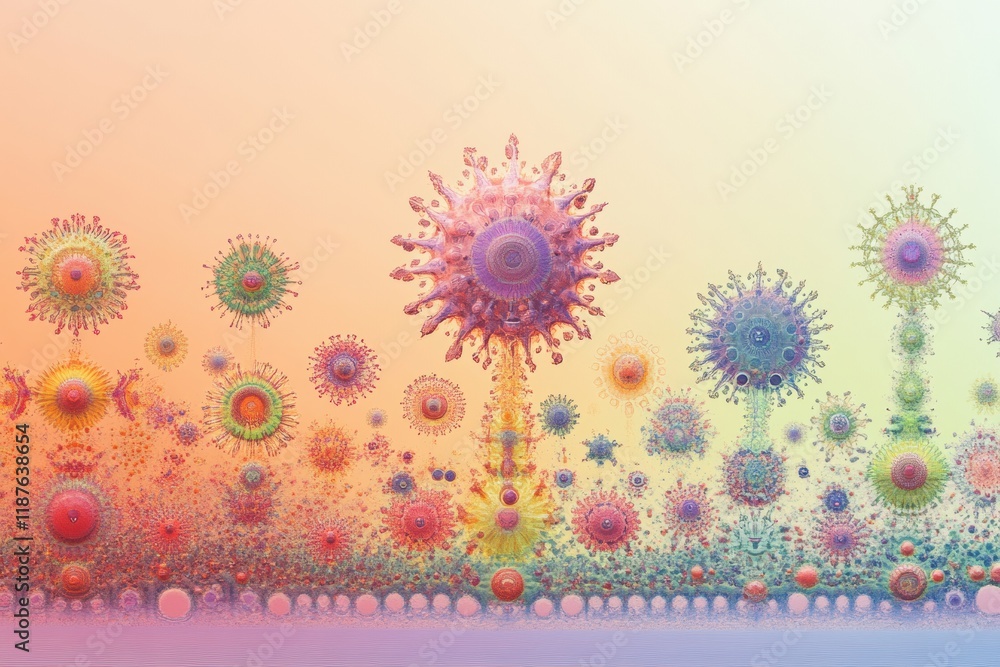 Poster progression of virus forms illustrated from basic structures to complex variants in vibrant colors. 