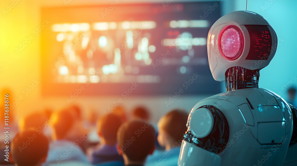 Poster a futuristic classroom with a robot in front of students, showcasing advanced technology and educati