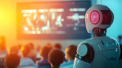 A futuristic classroom with a robot in front of students, showcasing advanced technology and education in a vibrant setting.