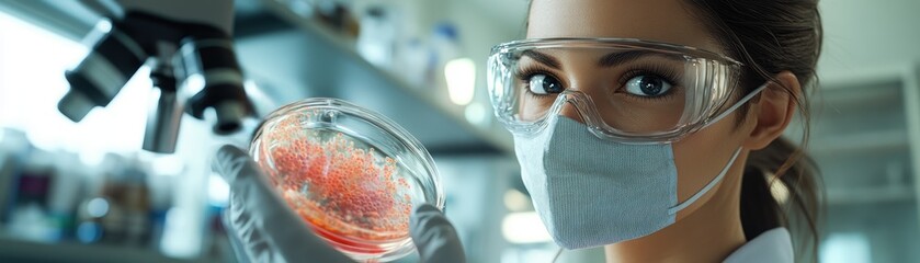 A scientist examines a petri dish with cultured cells, showcasing a focus on microbiology and laboratory research.