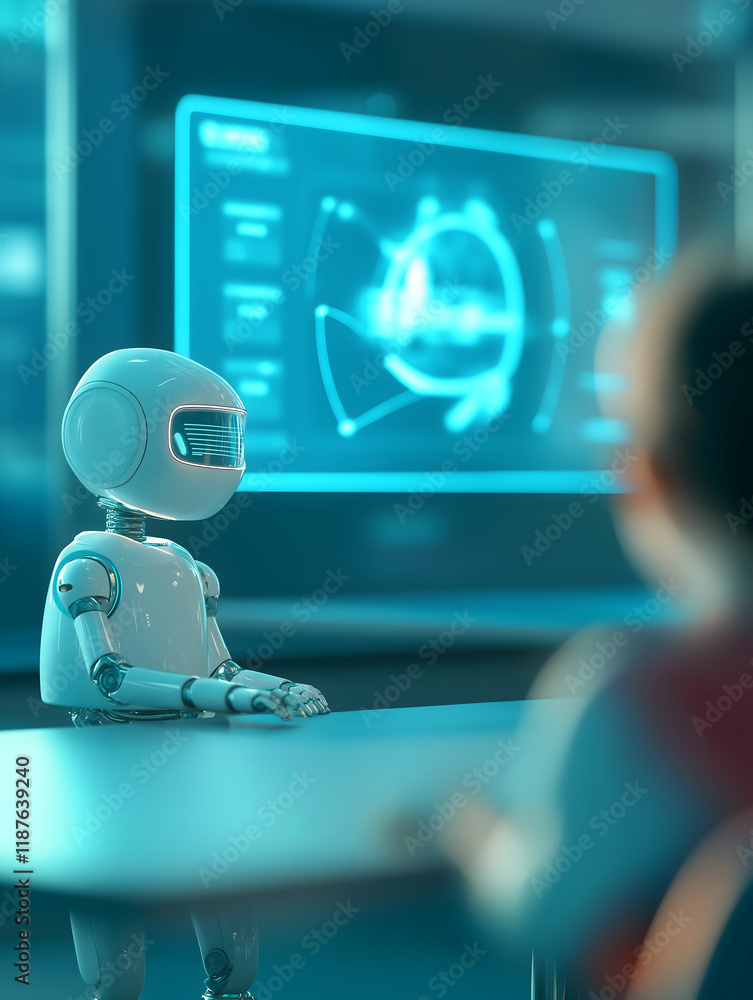 Poster a humanoid robot sits at a table, engaging with a person, while futuristic data displays illuminate 