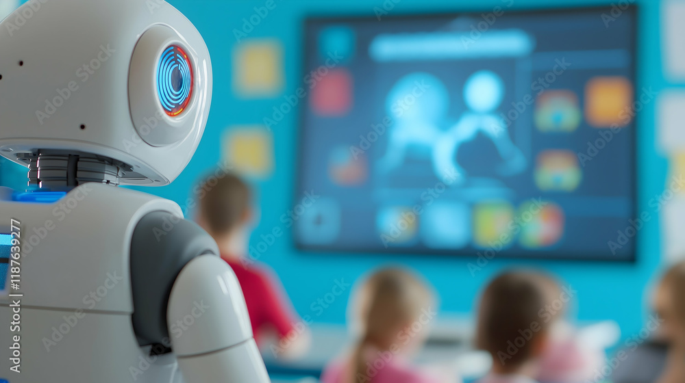 Poster a robot stands in a classroom, facing a screen displaying educational content while children attenti
