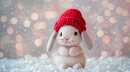 Adorable fluffy bunny in red knit hat in a winter wonderland