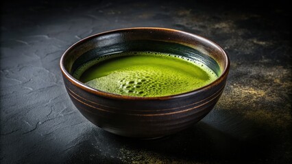 Matcha Bowl Macro, Dark Background, Ceramic, Liquid